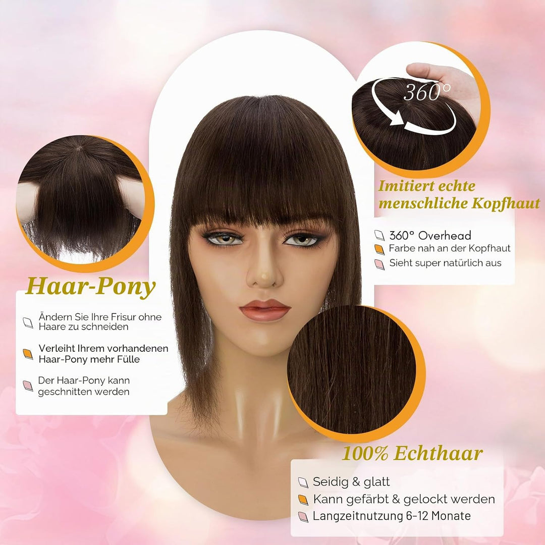 Elailite Hair Topper Echthaar, Toupet Damen mit langem Pony, Clip in Haarteil, Haartopper Basis 10x1