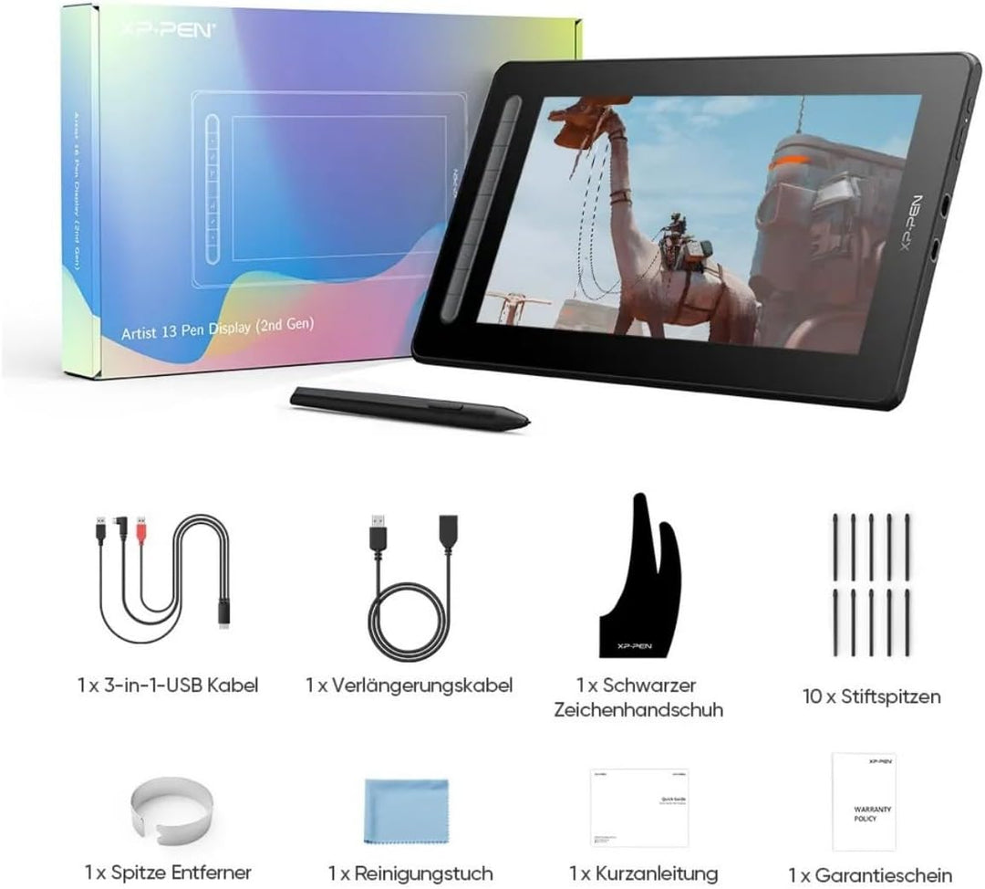 XPPen Artist 13 2 Gen. Grafiktablett, 13,3 Zoll Stift Display, 127% sRGB Farbraum, X3 Smart-Chip Sti