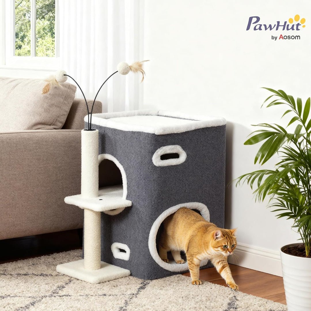 PawHut Kratzbaum 58 cm Kleiner Katzenturm mit Höhle Sisalstämme Grau | Plattform, 3 Plüschballen, Kl