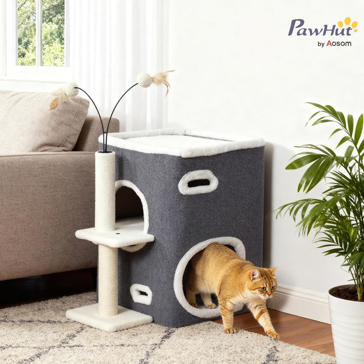 PawHut Kratzbaum 58 cm Kleiner Katzenturm mit Höhle Sisalstämme Grau | Plattform, 3 Plüschballen, Kl