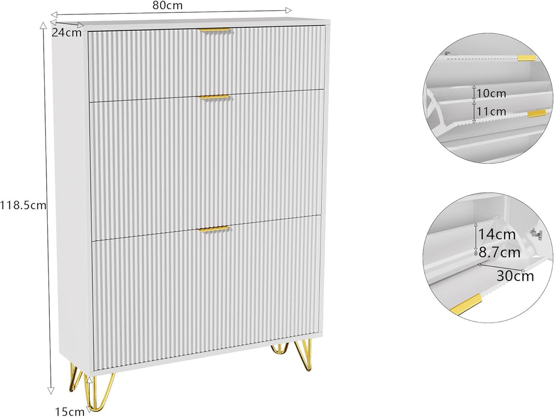 Schuhschrank mit 3 Klappen, Schuhregal, Shoe Cabinet weiss, schuhkipper schmal mit 6 Fächern, schuhs