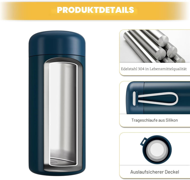 Trinkflasche klein 300ml – Mini-Thermosflasche mit Silikon-Griff, 100% Auslaufsicher, kleine Trinkfl