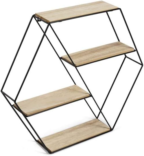 LIFA LIVING Hexagon Wandregal aus Metall & Holz mit 4 Böden, Schwarzes Schweberegal im Industrie Des