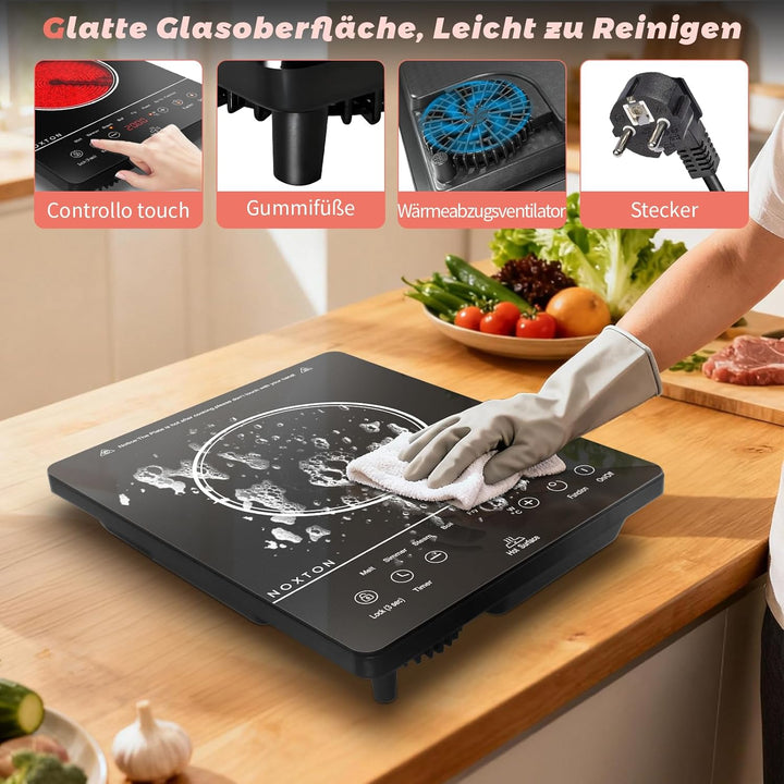 NOXTON Induktionskochfeld Einfeld 9 Leistungsstufen 2000W, Touch-Control mit LED-Display, 4h Timer,