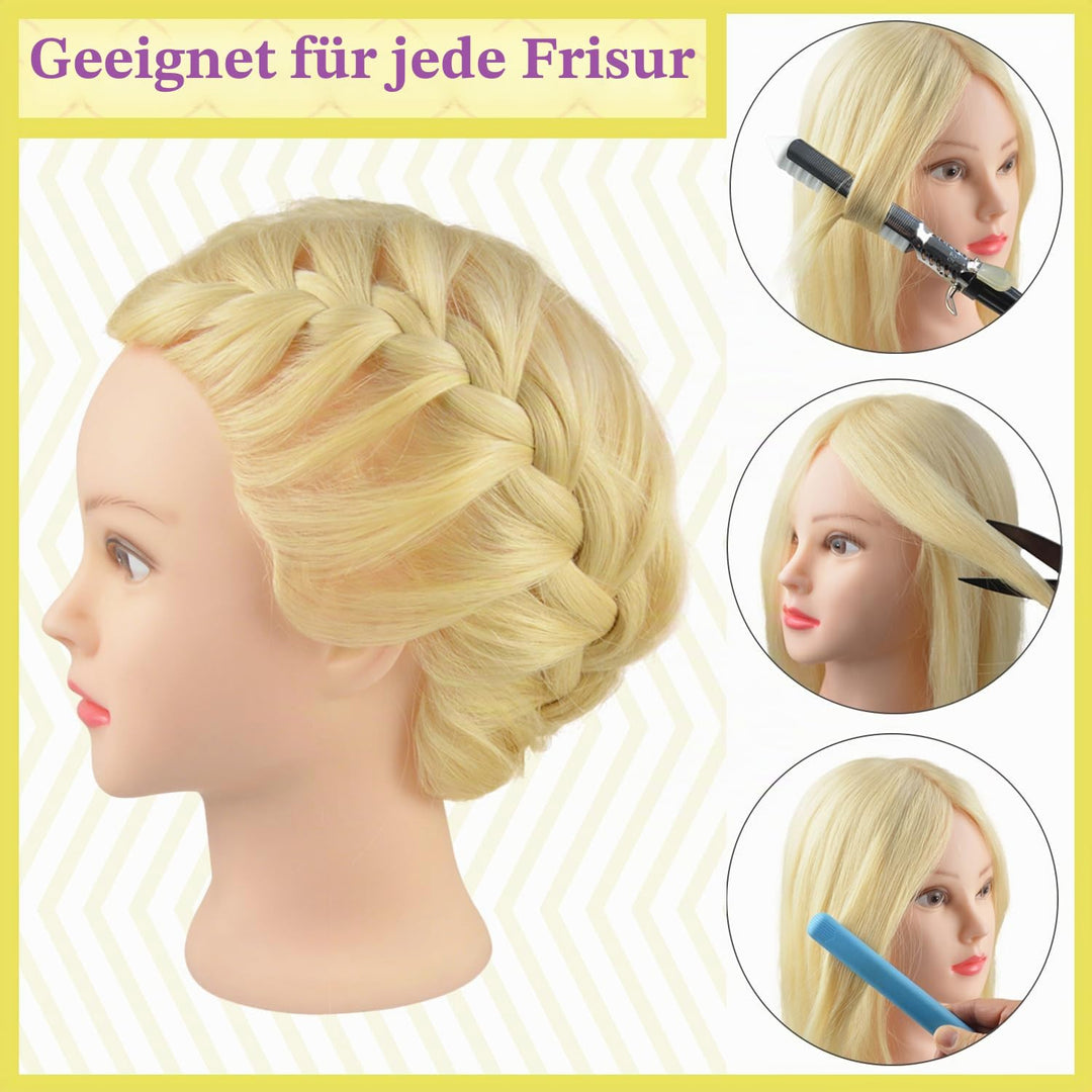 Mannequinkopf mit 100% Echthaar mit Verstellbarer Klemmhalterung fur Frisurendesign und Flechtibunge