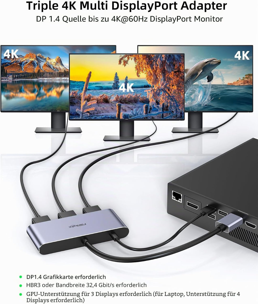 3 Port DisplayPort 1.4 Splitter, DisplayPort MST Hub Monitor Splitter, DisplayPort auf 3X DP Multi M