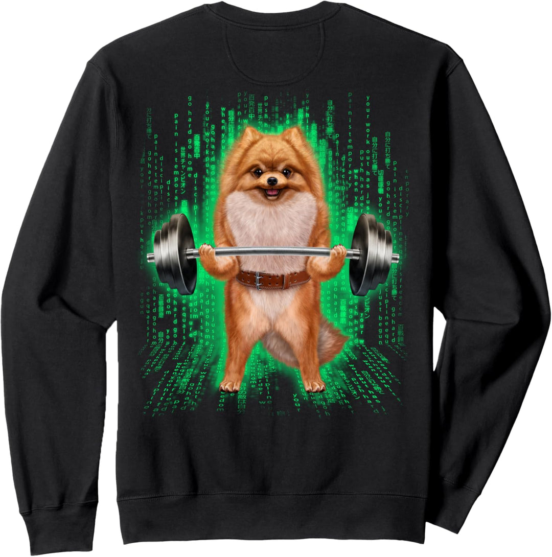 Pommerscher Hund, der Gewichte im Cyber-Fitnessstudio hebt Sweatshirt