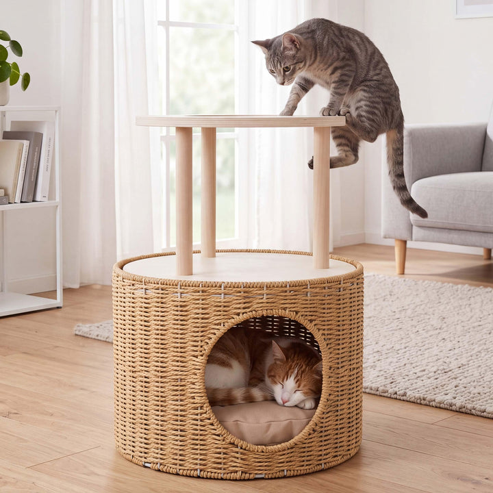 Mendler Katzenbett HWC-Q59 - Natur, Kissen beige | Katzenhöhle mit Kletterbereich, Plattform, Katzen