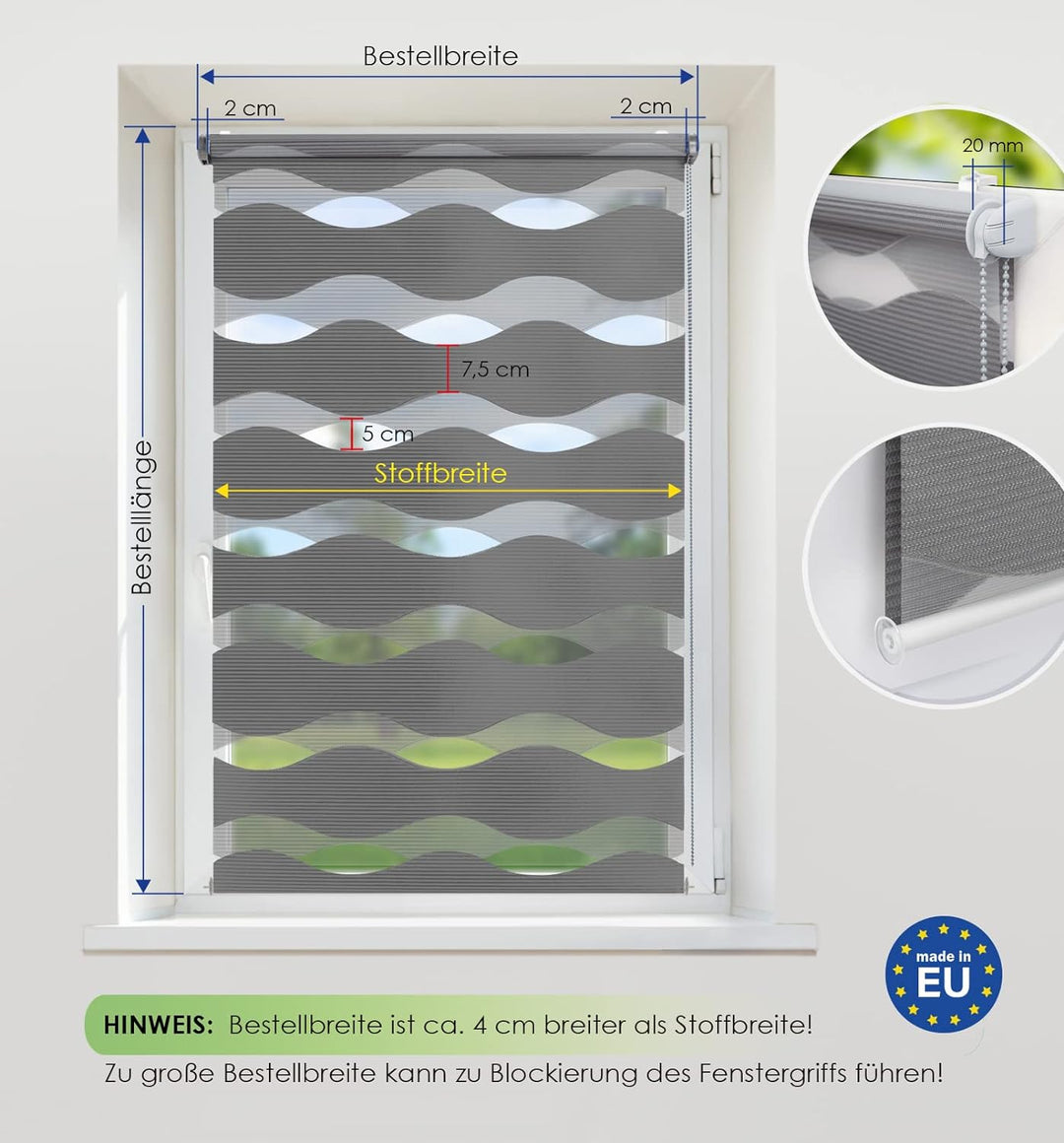 Rikmani Doppelrollo Fensterrollo Welle Klemmfixierung Duo-Rollo Zebrarollo Seitenzugrollo ohne Bohre