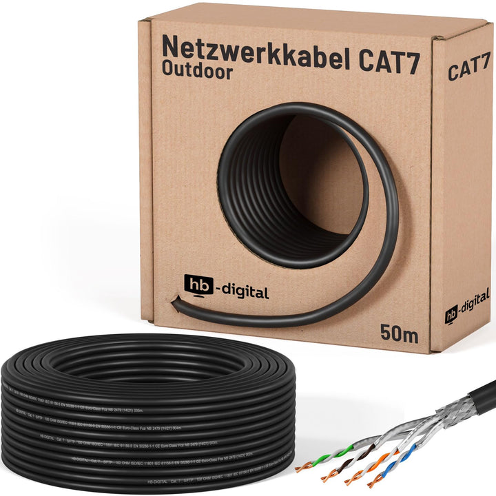 HB-DIGITAL 50m Cat 7 Verlegekabel Outdoor schwarz AWG23/1 PE S/FTP doppelt geschirmt PIMF Reines Kup