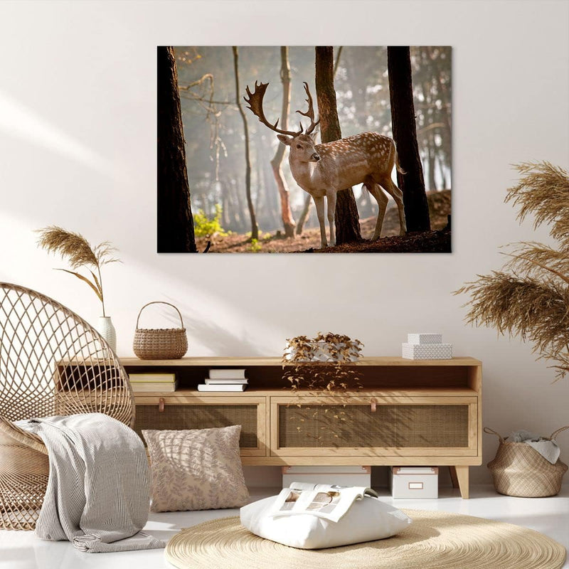 ARTTOR Bilder auf Leinwand 100x70cm Leinwandbild Kitz Hirsch Tier wild Gross Wanddeko Bild Schlafzim