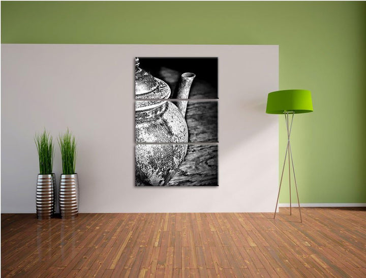 Pixxprint Monocrome, stilvolle alte Teekanne aus Keramik 3-Teiler Leinwandbild 120x80 Bild auf Leinw
