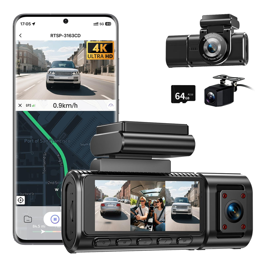 Dashcam Auto Vorne Hinten 4K+1080P mit GPS WiFi,3 Channel 1080P Dash Cam Auto Kamera 3,16" IPS Bilds