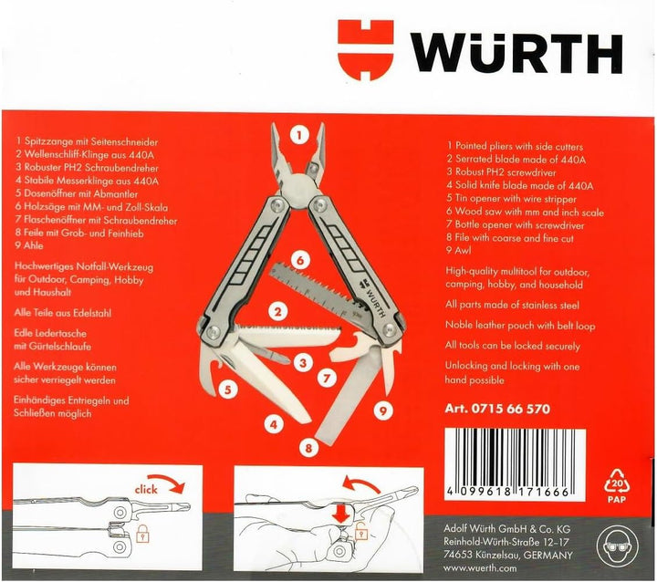 Würth Multitool mit Ledertasche Multifunktionswerkzeug Set 2 teilig
