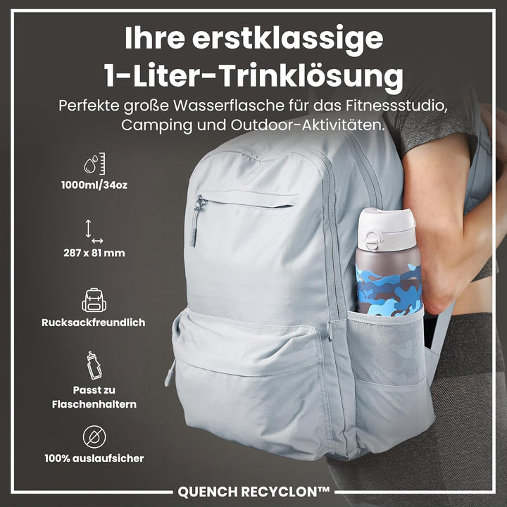 ION8 1 Liter Trinkflasche, 1000ml, Auslaufsicher, Einhandöffnung, Sichere Verriegelung, Spülmaschine