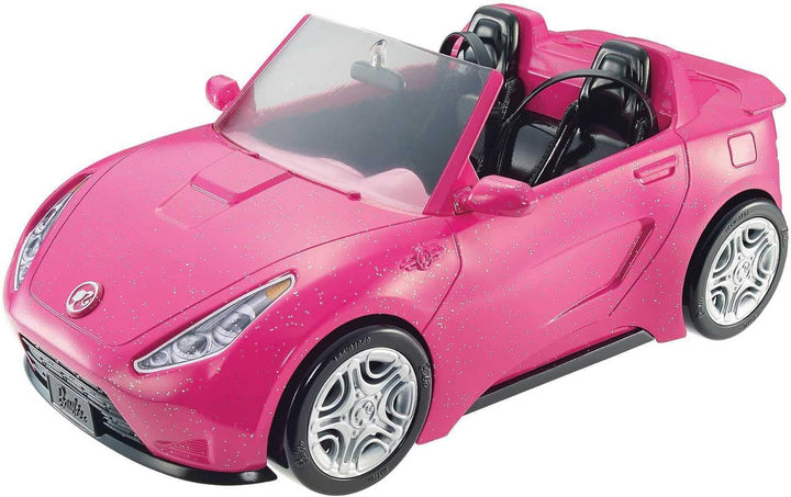 Barbie-Puppe und Auto, Barbie-Auto in glänzendem Pink, Cabrio-Auto mit schwarzem Innenraum, Sicherhe
