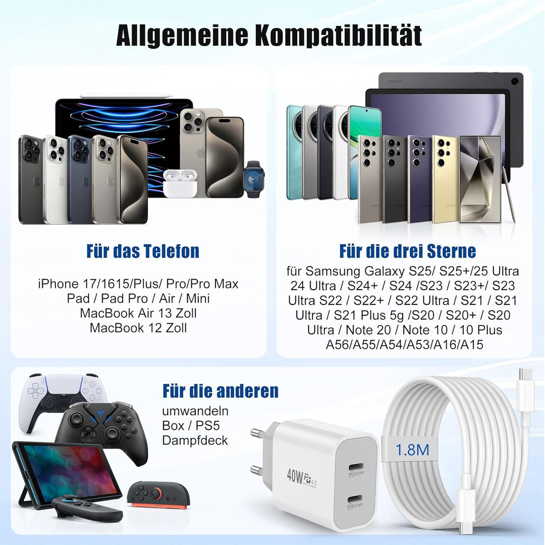 USB C Ladegerät 20W 2-Pack, 2-Port USBC Netzteil Stecker Adapter für iPhone 17/16/16e/16 Plus/16 Pro