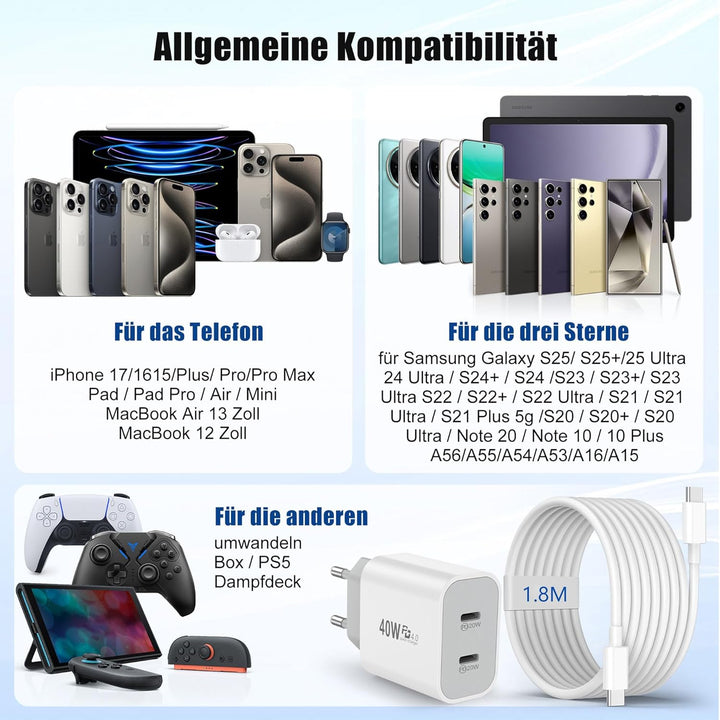 USB C Ladegerät 20W 2-Pack, 2-Port USBC Netzteil Stecker Adapter für iPhone 17/16/16e/16 Plus/16 Pro