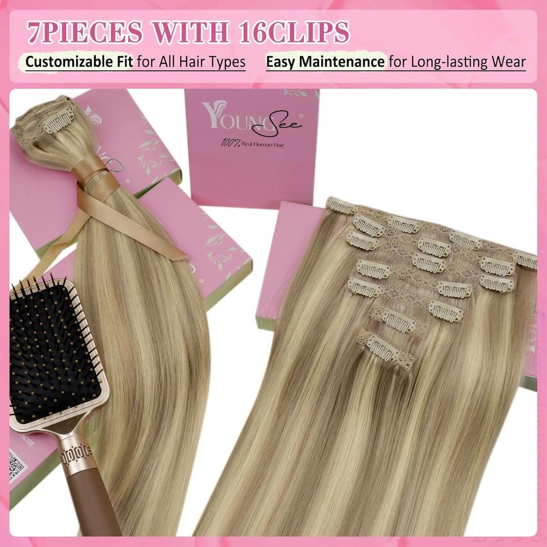 YoungSee Extensions Echthaar Clip Blond 45cm Clip in Extensions Echthaar Goldblond Strahnchen Mittel