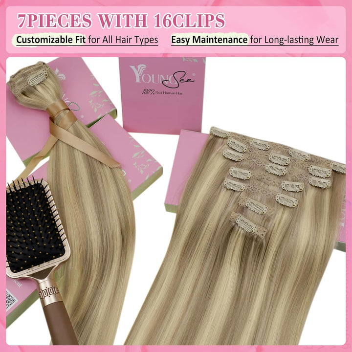 YoungSee Extensions Echthaar Clip Blond 45cm Clip in Extensions Echthaar Goldblond Strahnchen Mittel