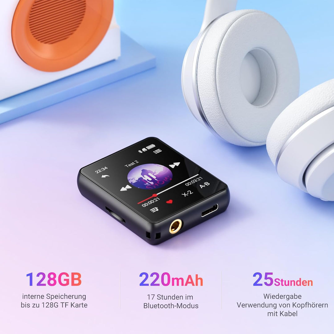 MP3-Player mit Bluetooth, 128GB Musik-Player, eingebauter Lautsprecher und FM-Radio, 1,8 Zoll Mini T