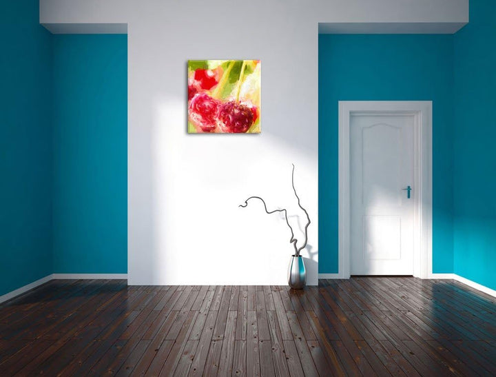 Pixxprint Frische Kirschen am Baum Pinsel Effekt, Format: 70x70 auf Leinwand, 70x70