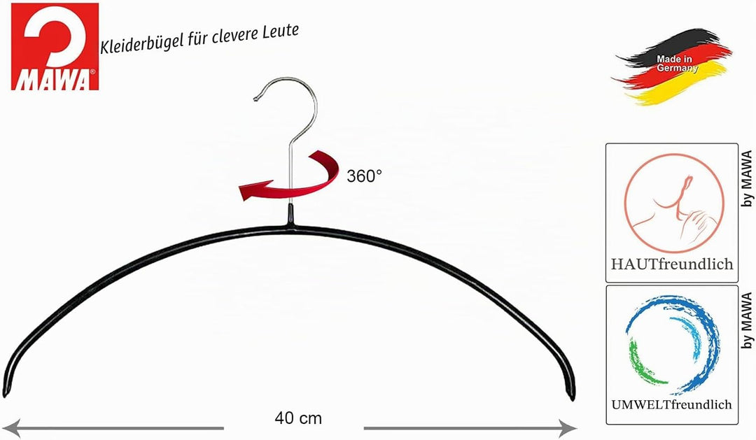 MAWA Kleiderbügel, Set mit 10 hochwertigen, platzsparenden, rutschfesten Kleiderbügeln, ideal für T-