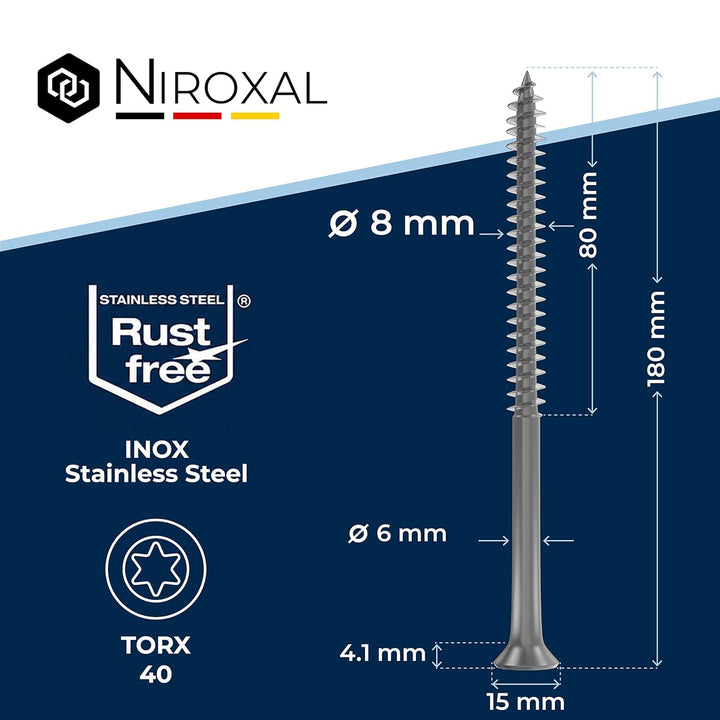 Holzschrauben Torx Schrauben 8x180 Edelstahl V2A rostfrei Spanplattenschrauben für Holz Teilgewinde