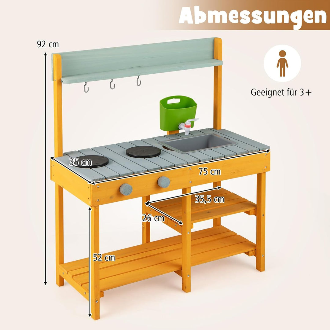 COSTWAY Matschküche Kinder Outdoor, Kinderküche Holz mit Wasserfunktion, Spielküche mit Haken & abne