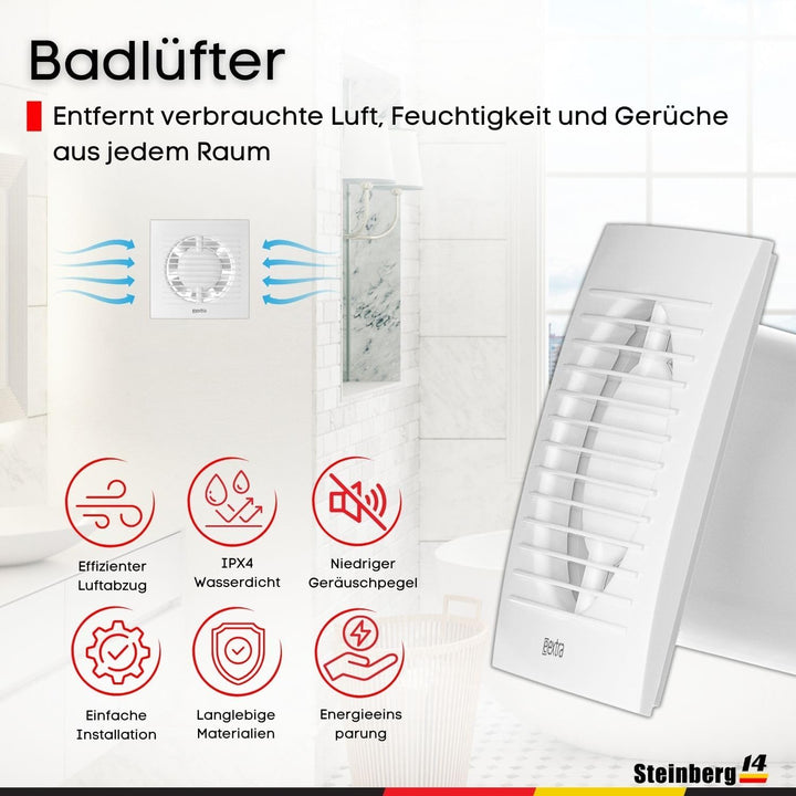 Steinberg14 Abluftventilator 125mm Weiss Badlüfter Fan - Ventilator zur Belüftung in Bad und WC gege