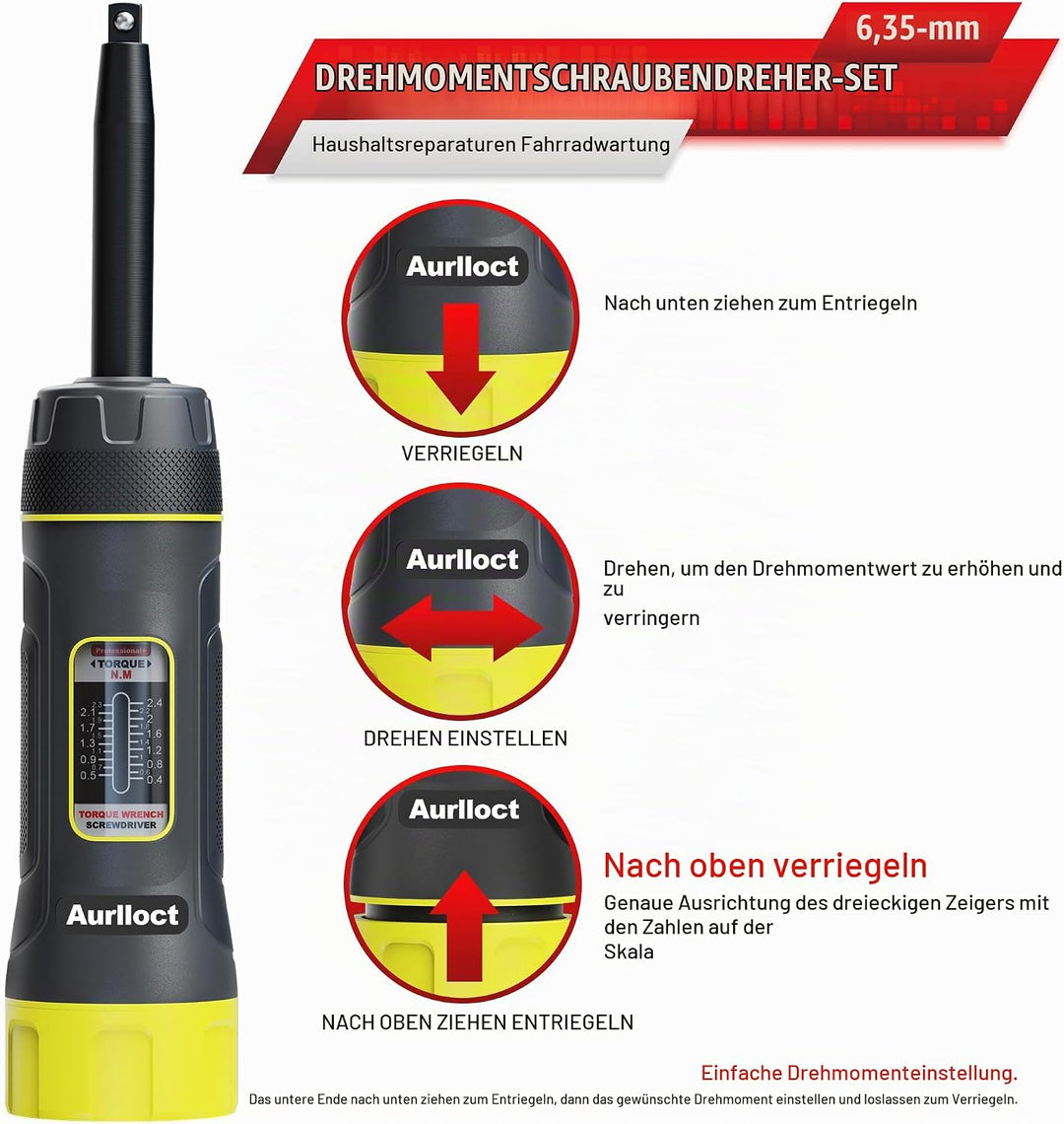 Aurlloct Langer Schaft Drehmoment Schraubendreher Satz 1/4 Zoll, 0.4-2.4 Nm, mit S2-Stahlbits, für R