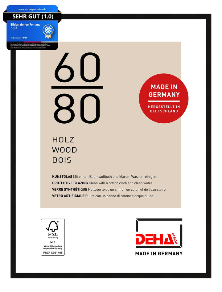 DEHA Design Bilderrahmen Fontana, 60x80 cm, Holz Schwarz, bruchsicheres Acrylglas, für Poster und Bi