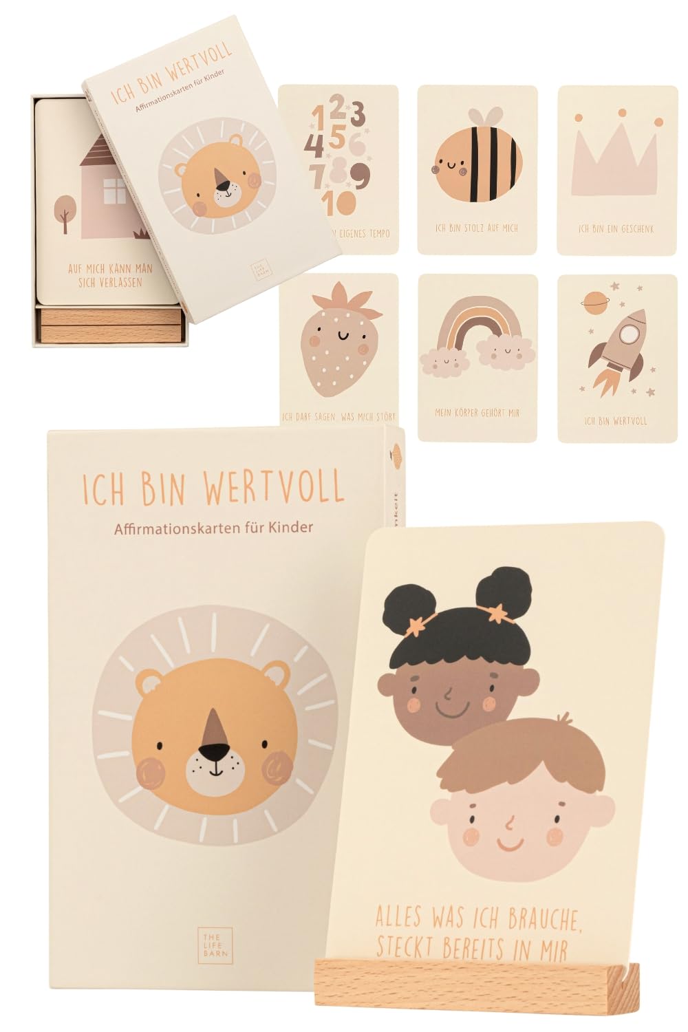 The Life Barn Affirmationskarten für Kinder mit Holzaufsteller – 30 Achtsamkeitskarten für mehr Selb
