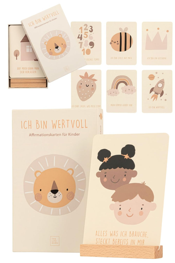 The Life Barn Affirmationskarten für Kinder mit Holzaufsteller – 30 Achtsamkeitskarten für mehr Selb