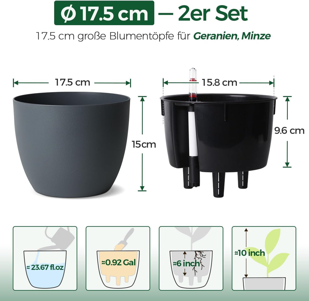 T4U 2Pcs 17,5cm Selbstbewässerungstopf mit Wasseranzeiger, Praktischer Blumentopf für vielbeschäftig