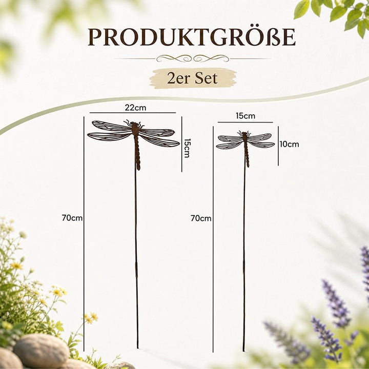 2er Set Gartenstecker Rost Libellen, Gartenstecker Metall, Gartendeko Rost für Draussen, Edelrost Ga