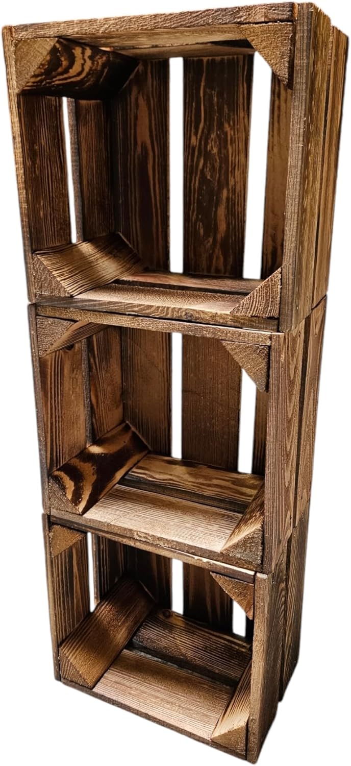 Teramico Set aus 3 geflammten NEUEN Holzkisten (22x20x15 cm) | PERFEKT als GESCHENKBOX oder RUSTIKAL