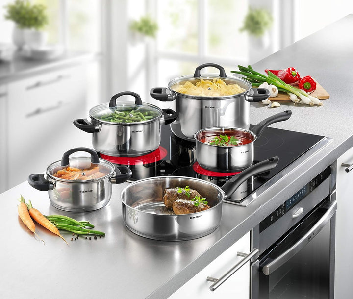 Karcher Topfset Mia aus Edelstahl, Kochgeschirr Induktion-Kochtopf-Set, Töpfe mit Glasdeckel/Pfanne/