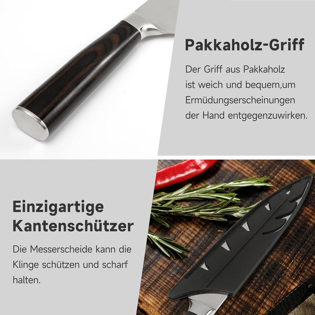 Messerset Gustrug 8-tlg Küchenmesser Set mit Messerschärfer, Scharf Messer Set aus Hochwertigem Carb