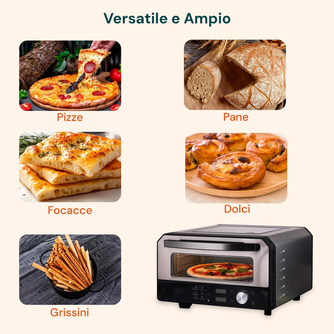 Avilia - Elektrischer Pizzaofen 400 °C mit Digitalanzeige und 6 Kochprogrammen, inklusive Pizzaschau