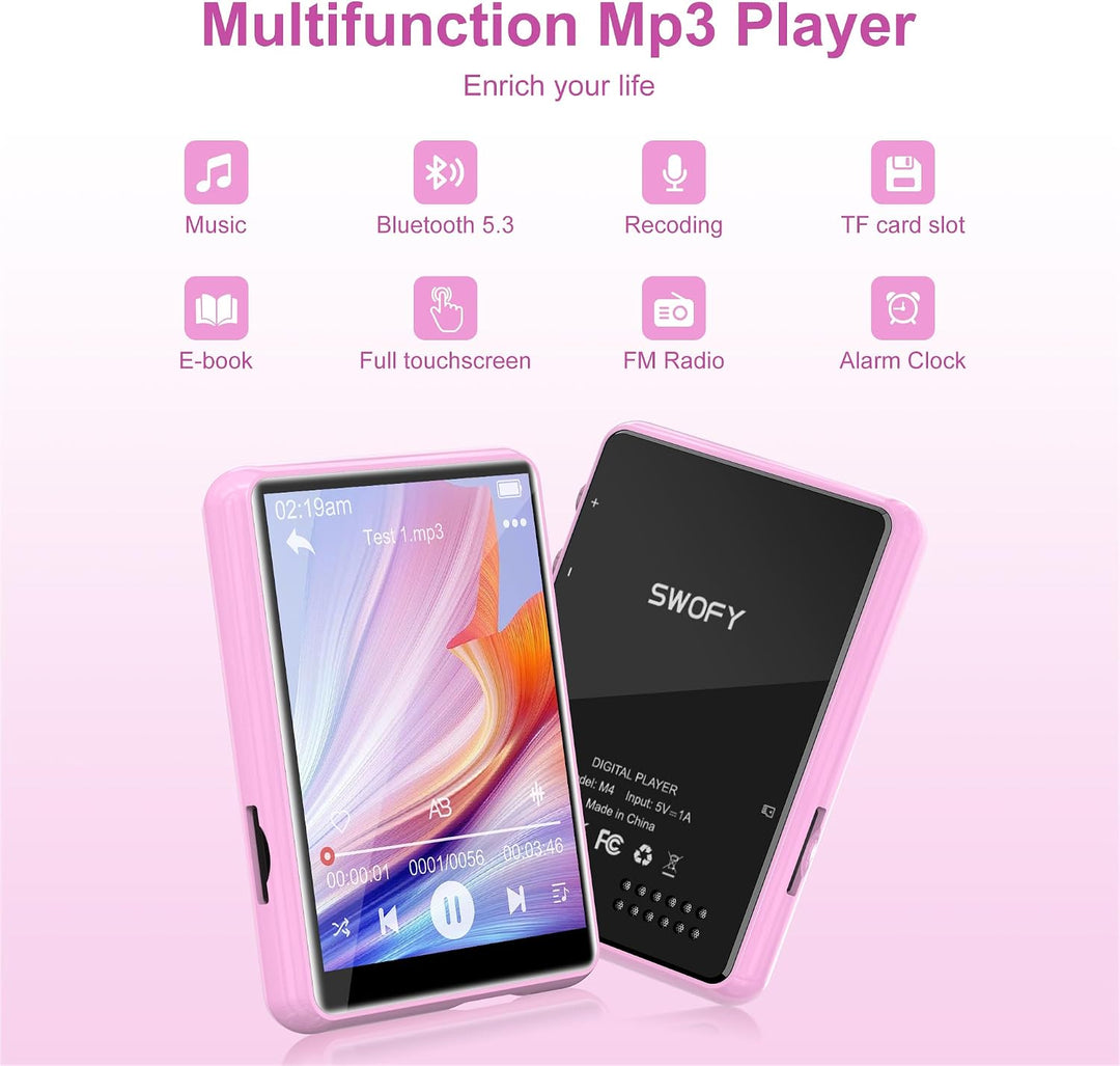 SWOFY 64GB MP3 Player Bluetooth 5.3 HiFi Music Player, 2.4-Zoll Touchscreen MP3 Player mit Lautsprec