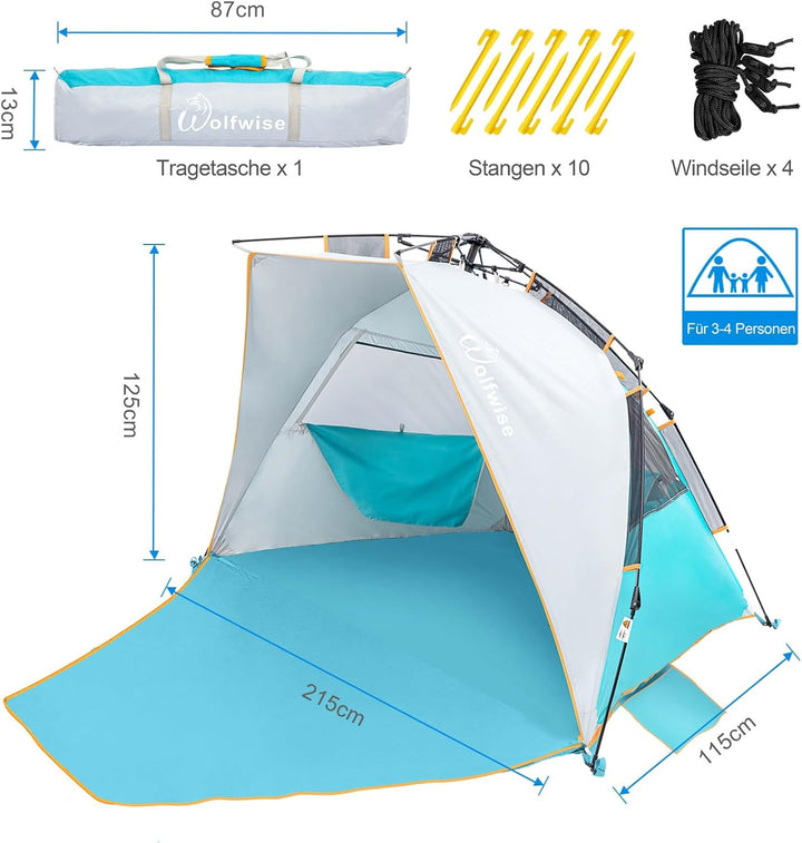 Wolfwise Strandmuschel mit Schnellaufbau für 3-4 Personen – UV-Schutz 50+, Wasserabweisend, Privater