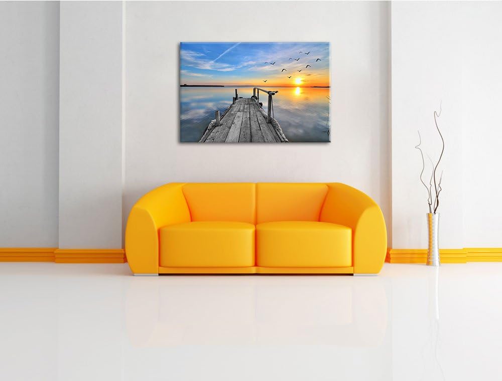 schäner Steg mit Möwen schwarz/weiss Format: 100x70 auf Leinwand, XXL riesige Bilder fertig gerahmt