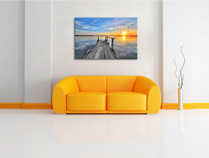 schäner Steg mit Möwen schwarz/weiss Format: 100x70 auf Leinwand, XXL riesige Bilder fertig gerahmt