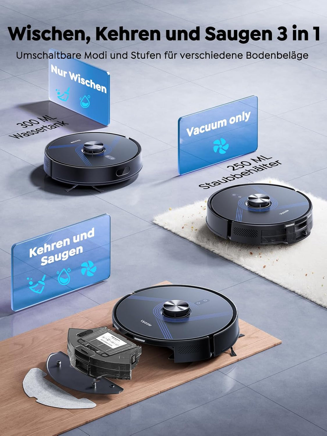 Vyzzle Saugroboter mit Wischfunktion 5500 Pa, Saugroboter mit Absaugstation 3.5L, Staubsauger Robote