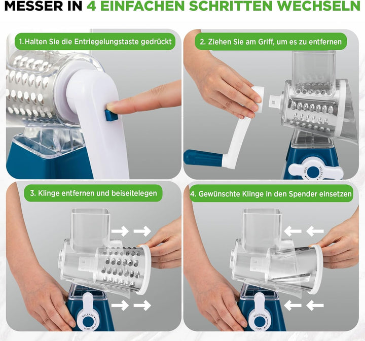 NutriChef 3-in-1 Käsereibe mit Handkurbel – Kompakte Trommelreibe für Käse & Gemüse – 3 Schneidetrom