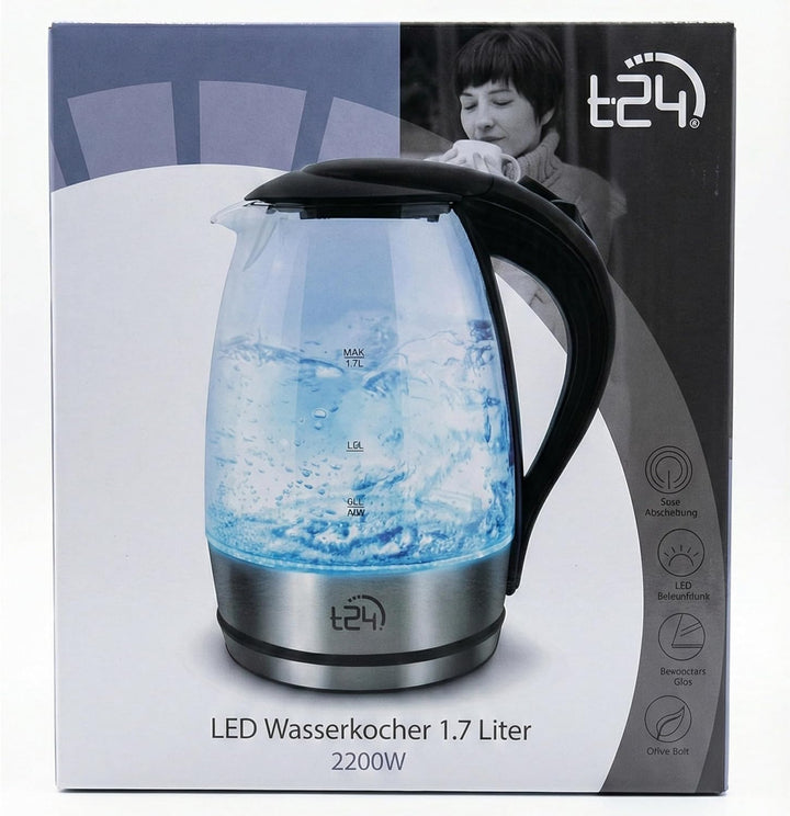 T24 LED Glas Wasserkocher 1,7 Liter mit LED-Beleuchtung, Trockenlaufschutz, BPA frei, 2200W (silber)