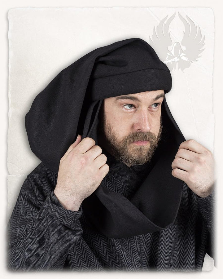 MYTHOLON Rafael Chaperon, Canvas, schwarz, M, Mittelalter Kopfbedeckung, Gugel, Haube Schwarz M, Sch