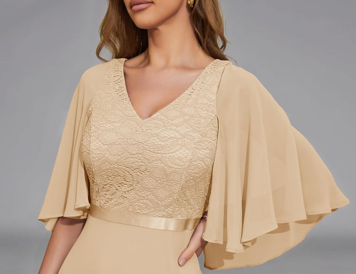 DRESSTELLS Abendkleid Damen Festlich Spitzenkleid für Hochzeit Chiffon Cape Ärmel Ballkleid Elegant
