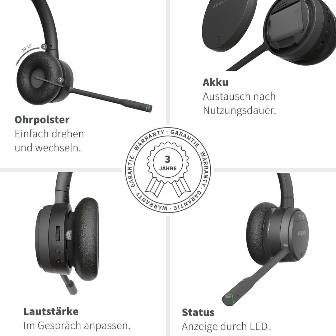 GEQUDIO GC-1 DECT Headset mit Ladestation für FritzBox - Kabellos Telefonieren am FritzFon – Duales